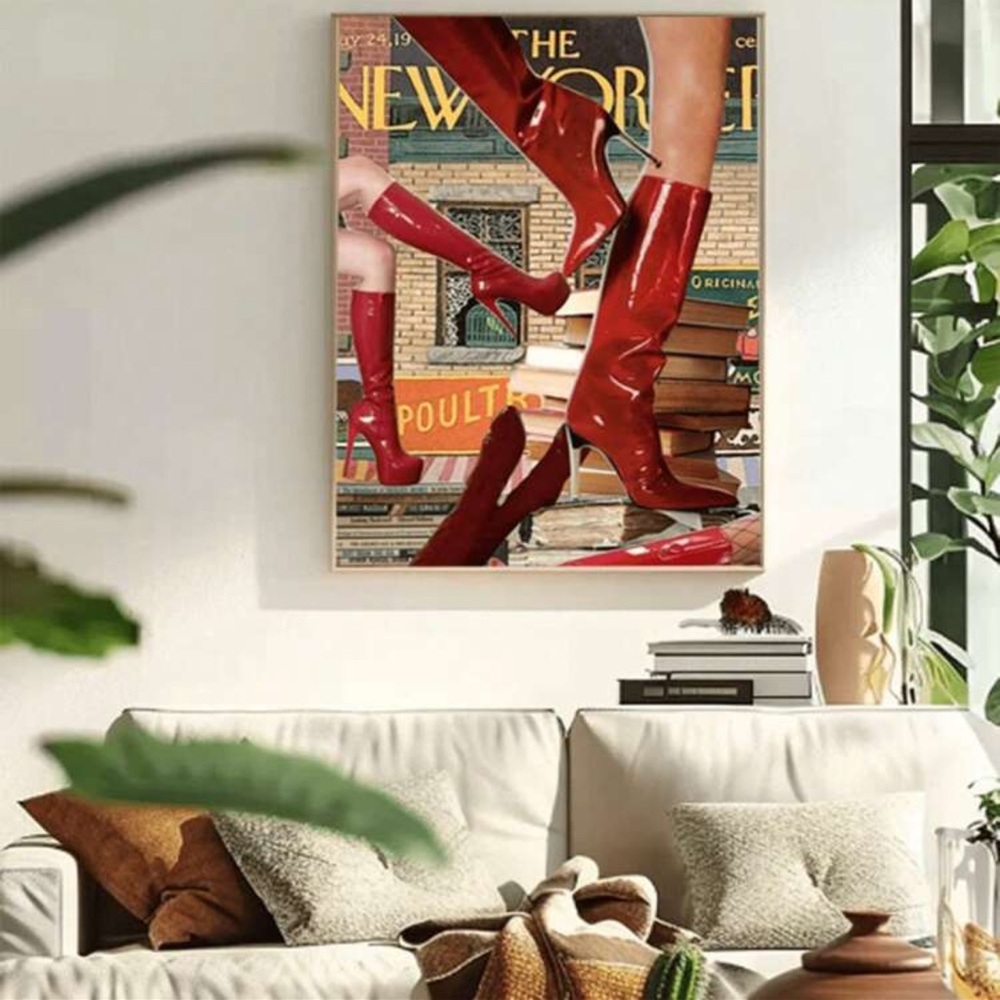 1PC Stylish Vintage Print, Preppy Room Decor, Vintage Bar Red Boots Wall Art,